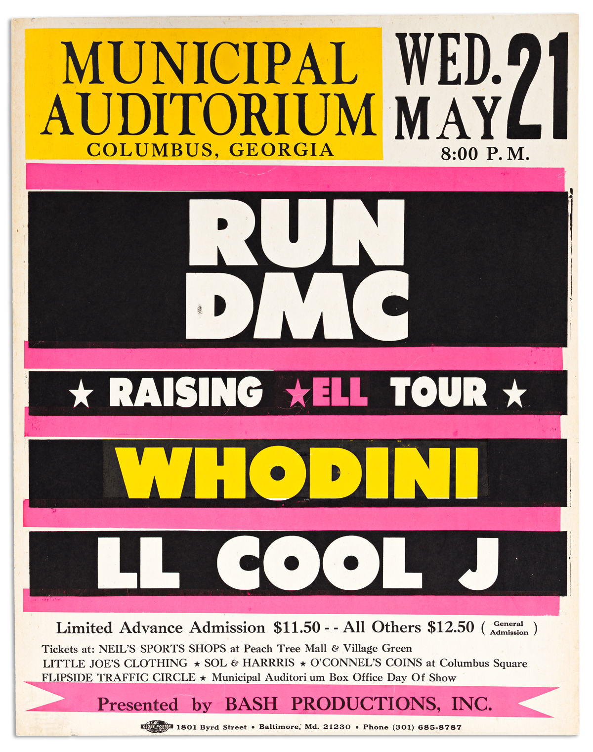 (MUSIC--HIP HOP.) Poster for opening night of Run DMCs Raising Hell tour.